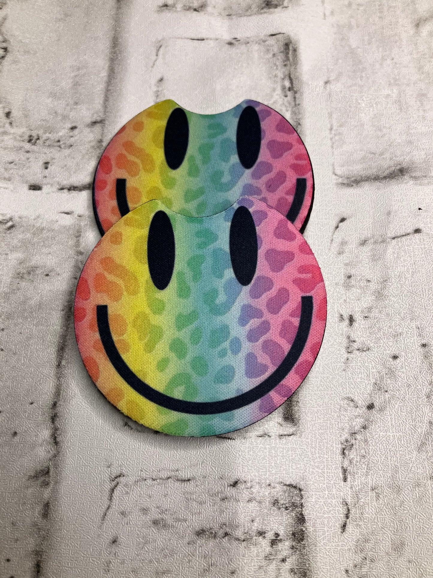 Rainbow smiley car coasters