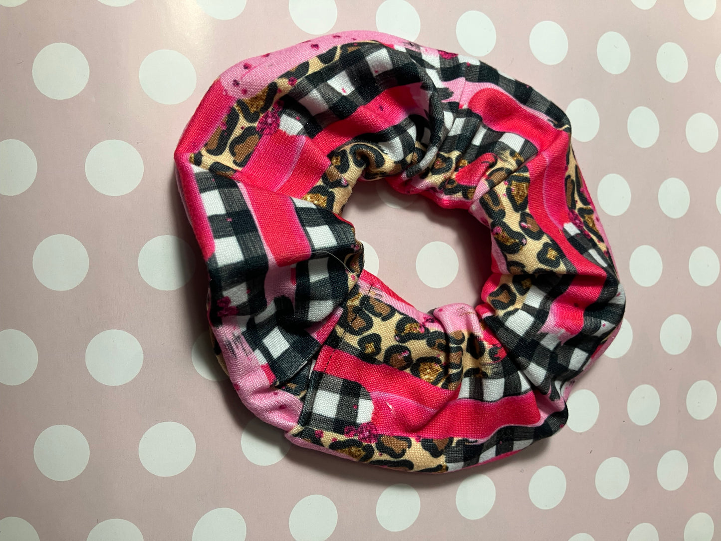 Pink plaid leopard scrunchies
