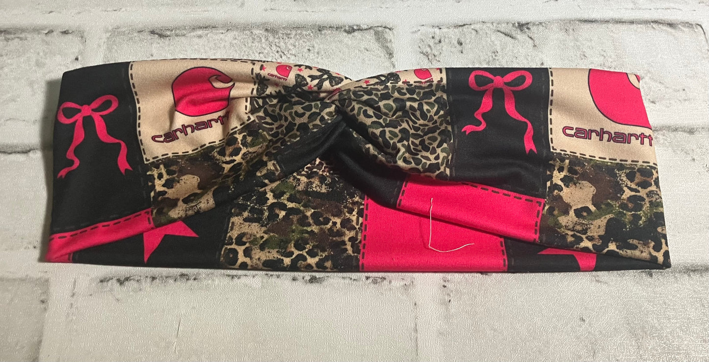 Camo bow workwear pink patchwork child headbands