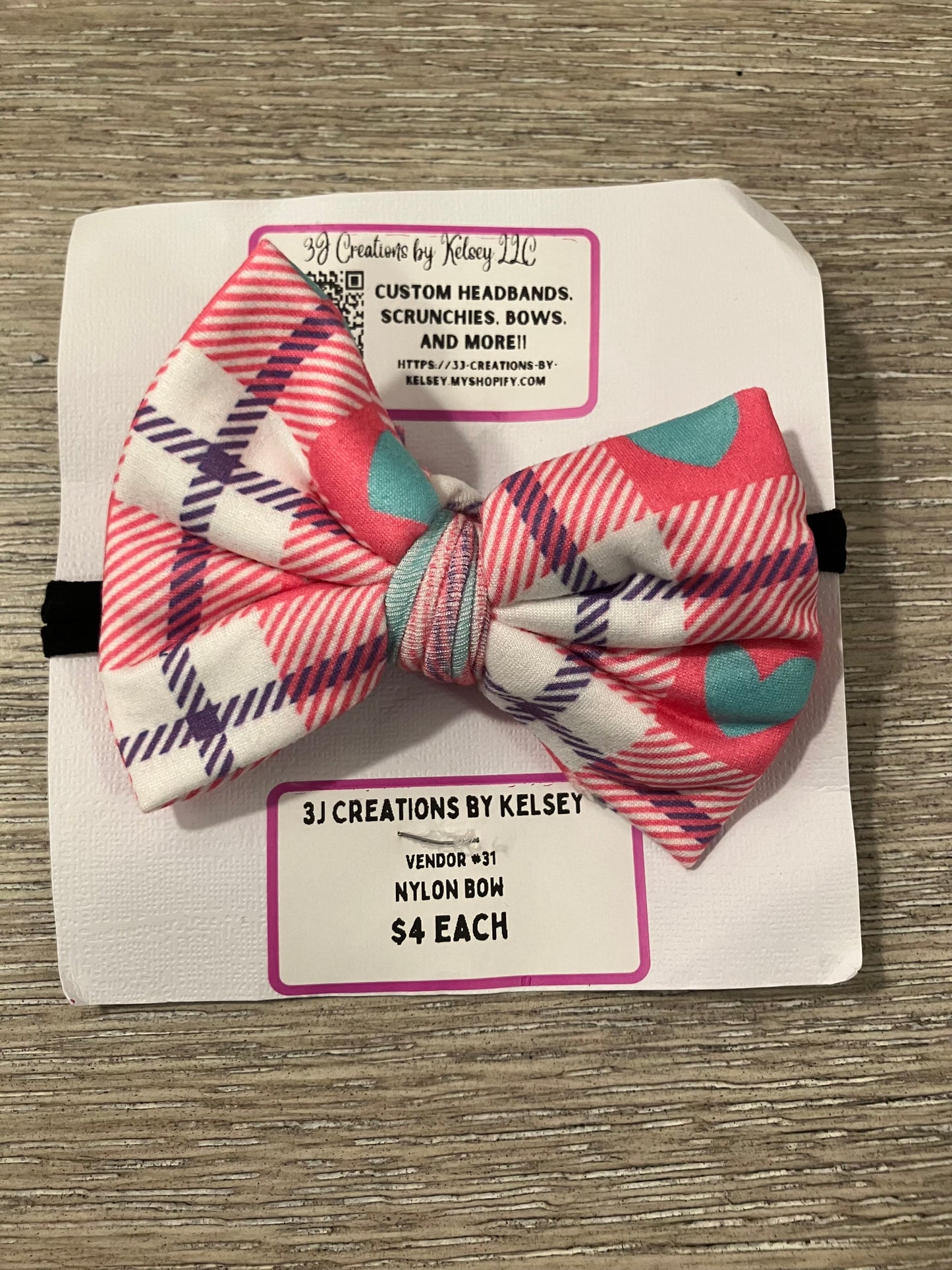 Plaid hearts nylon bow