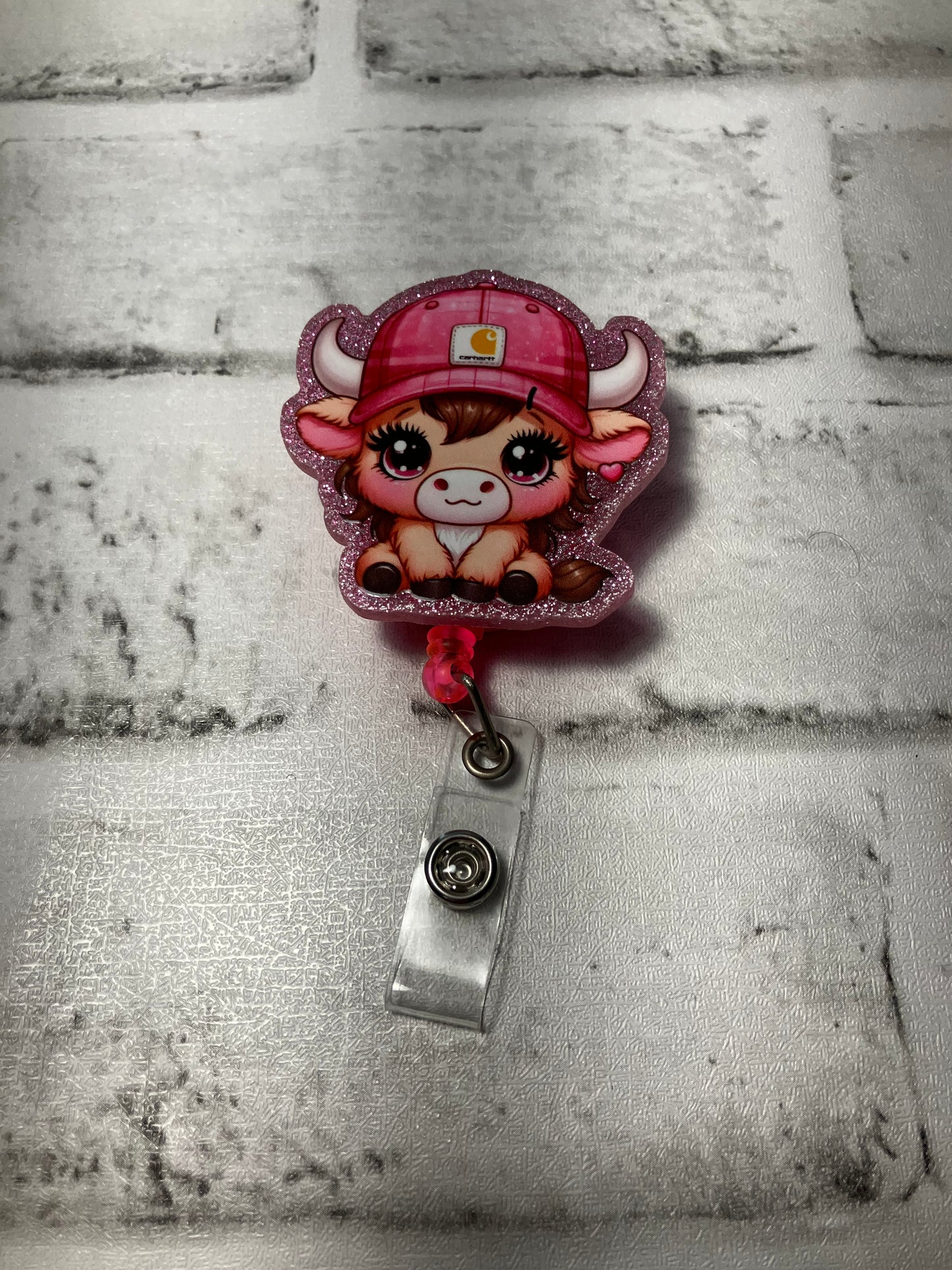 Pink cow workwear badge reel