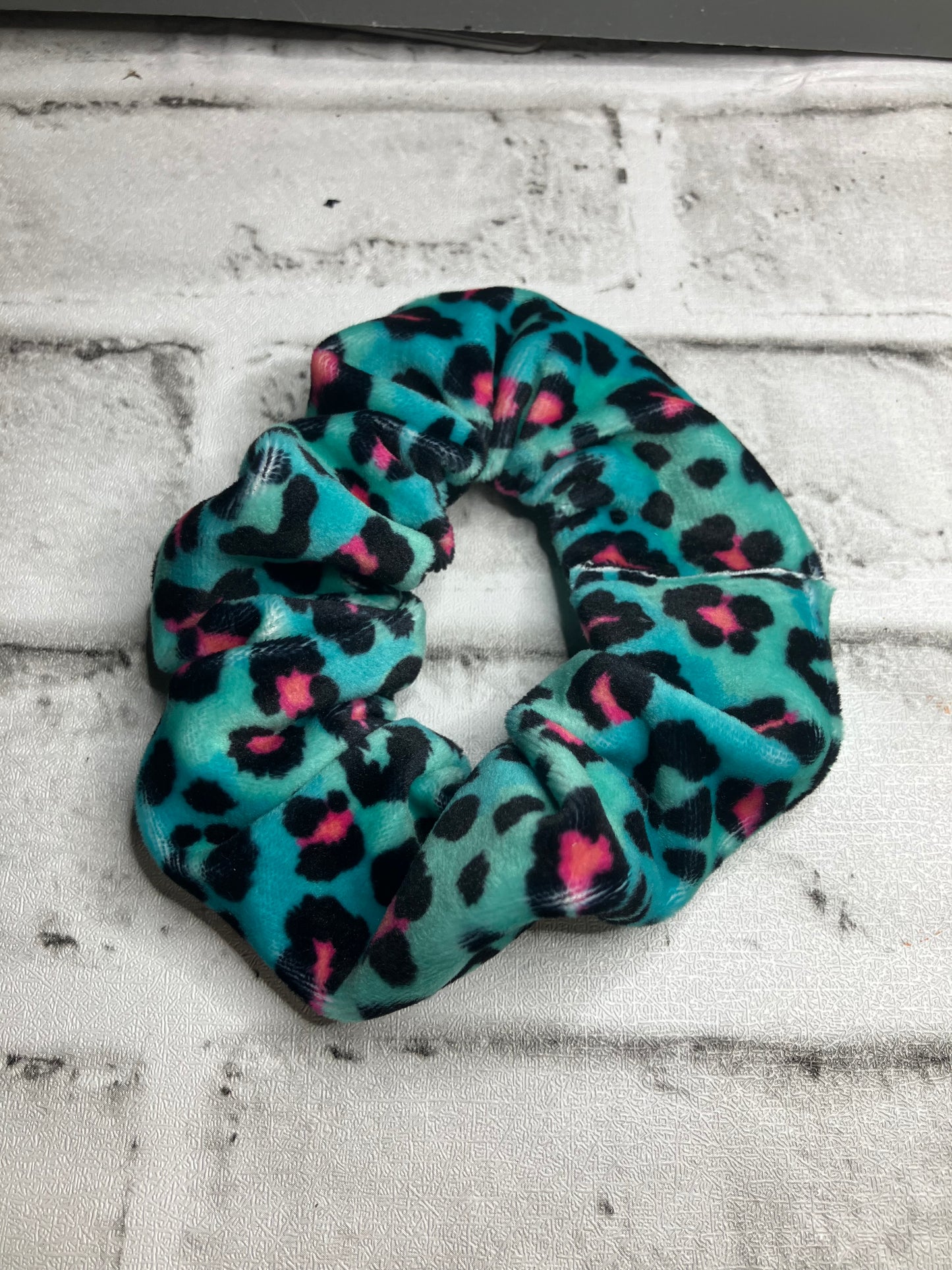 Velvet teal pink leopard scrunchies