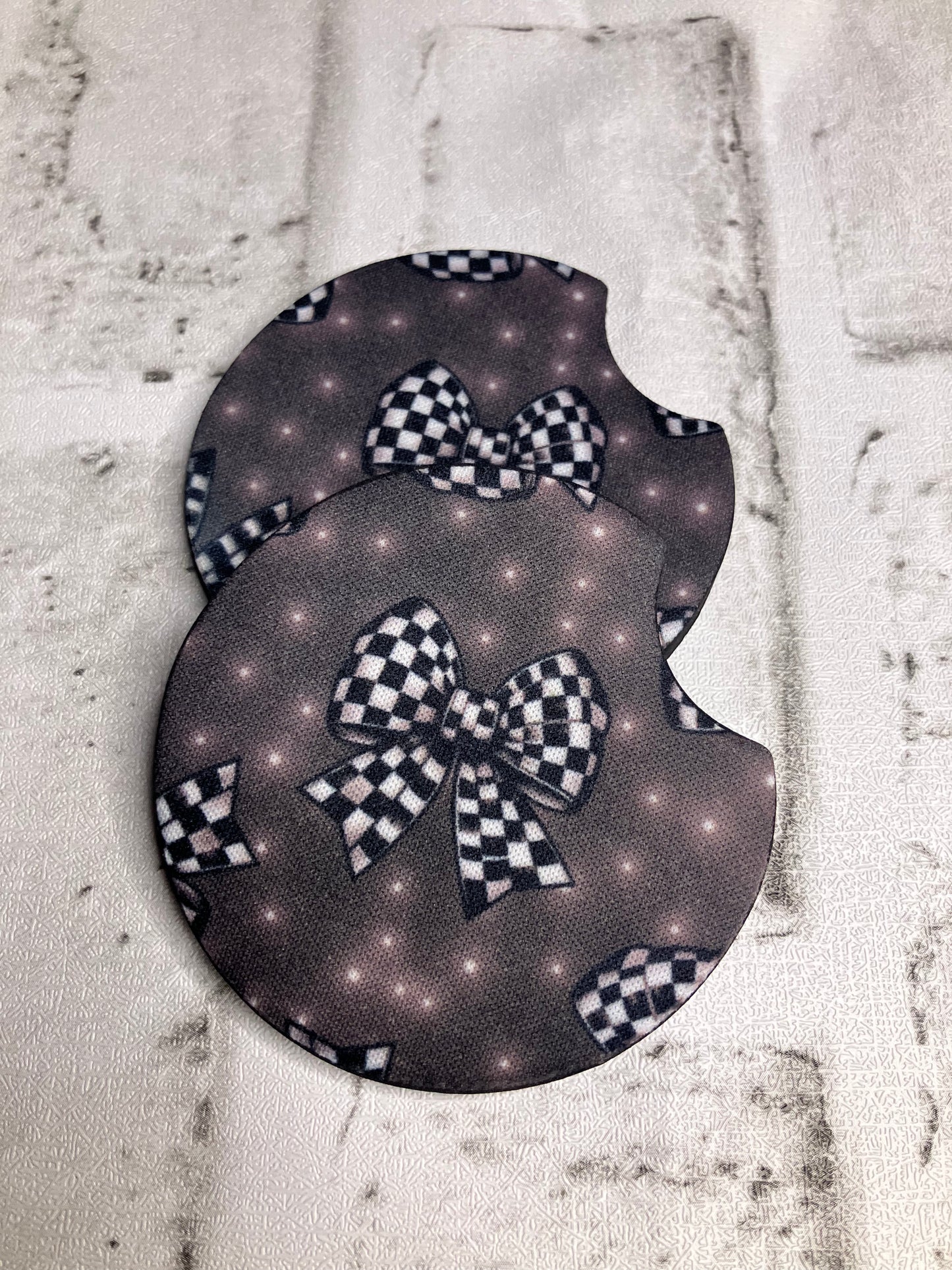 Checkered bow car coasters