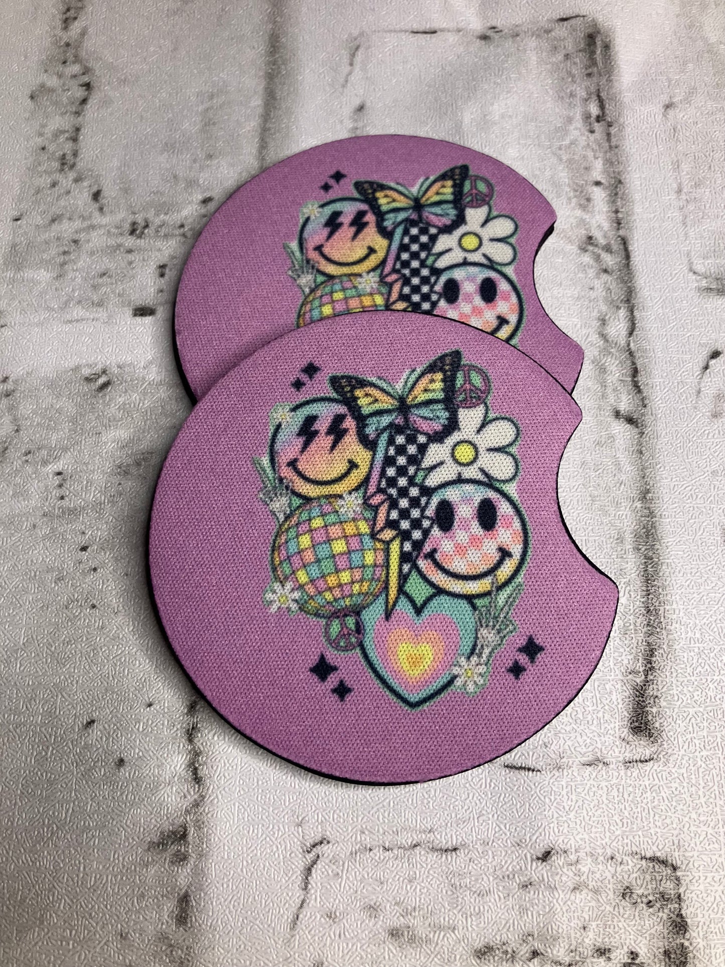 Purple smiley car coasters