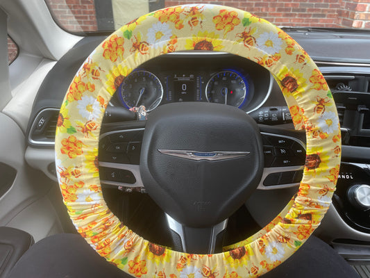 Yellow bees and sunflower steering wheel cover