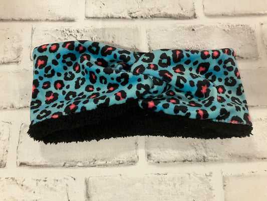 Velvet teal leopard adult ear warmer