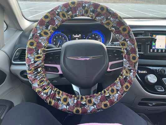 Rose sunflower checkered steering wheel cover