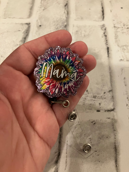 Mama tie dye sunflower badge reel