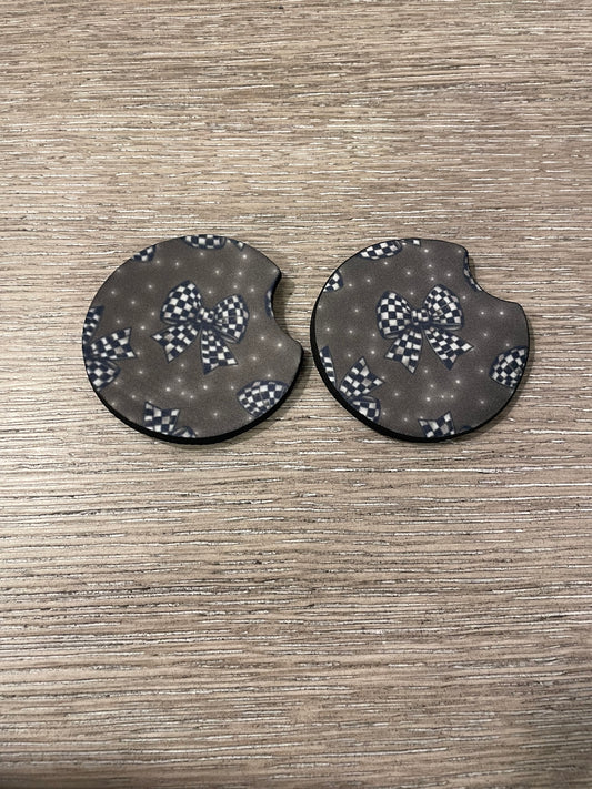 Checkered bows car coasters💜