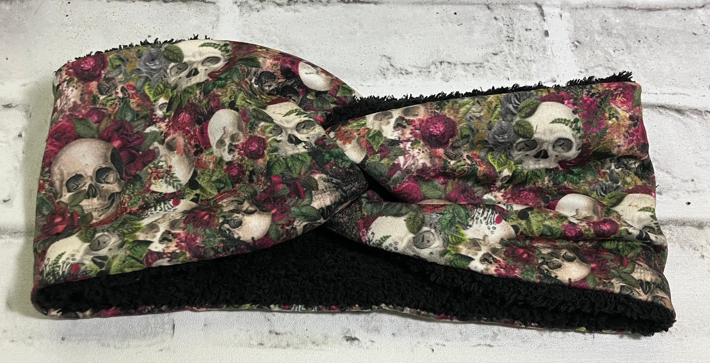 Purple floral skull adult ear warmer