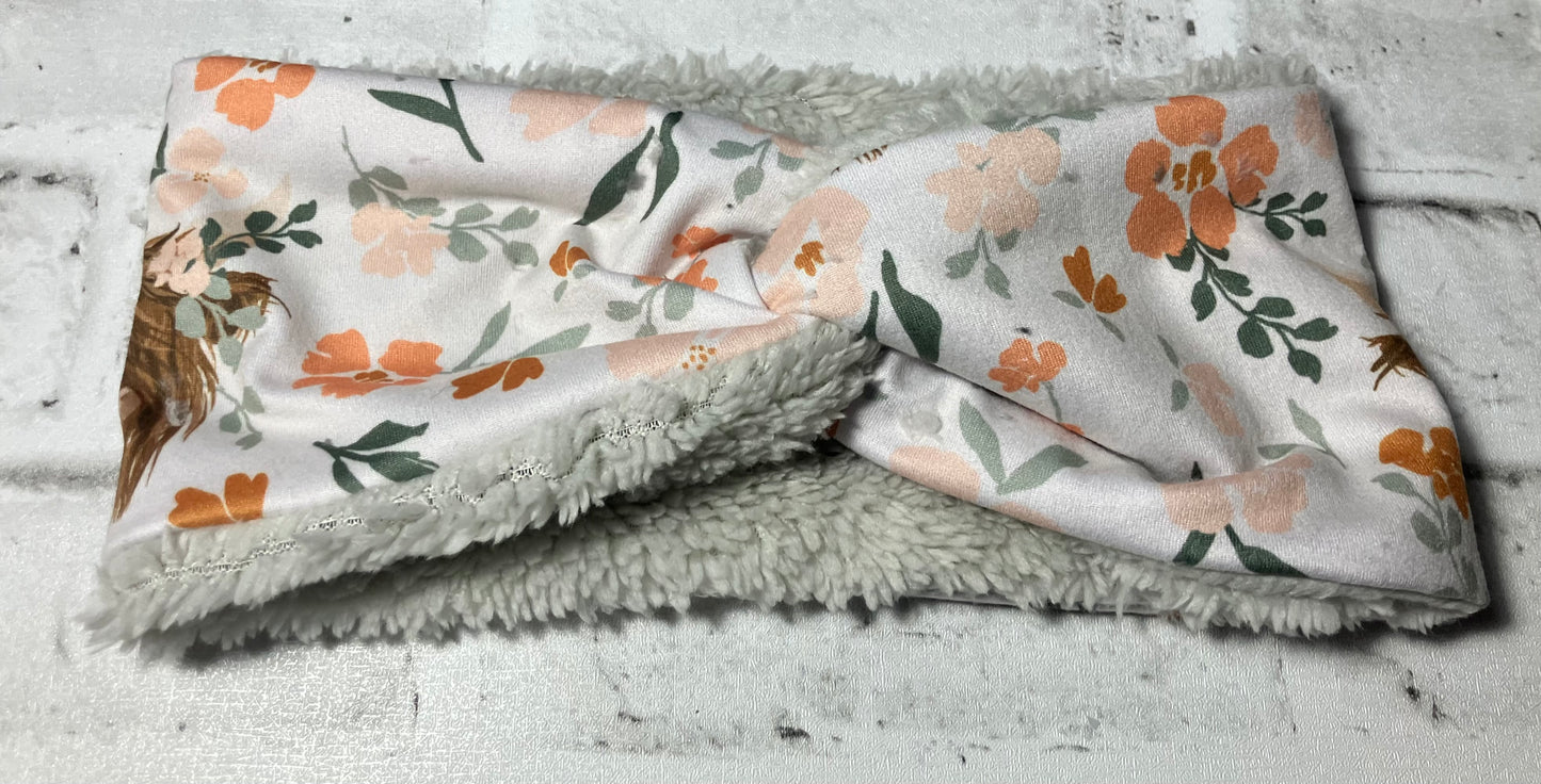 Floral  highland cow adult ear warmers