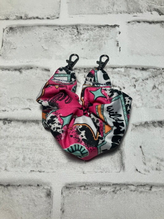 Pink western phone scrunchie keychain