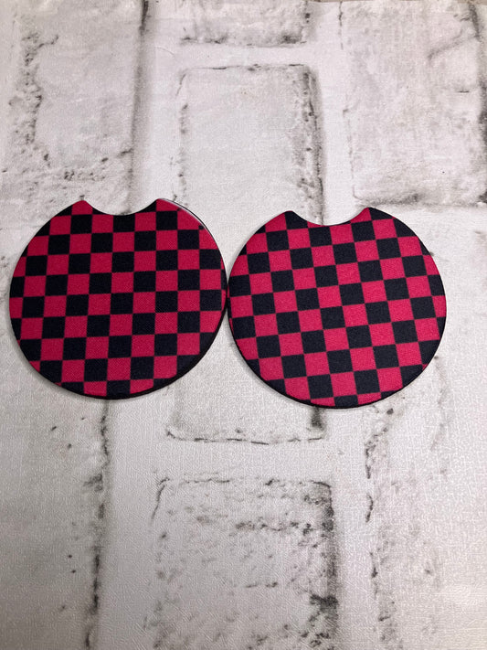 Pink black checkered car coasters