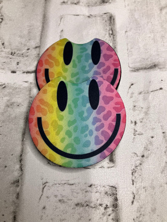 Rainbow smiley car coasters