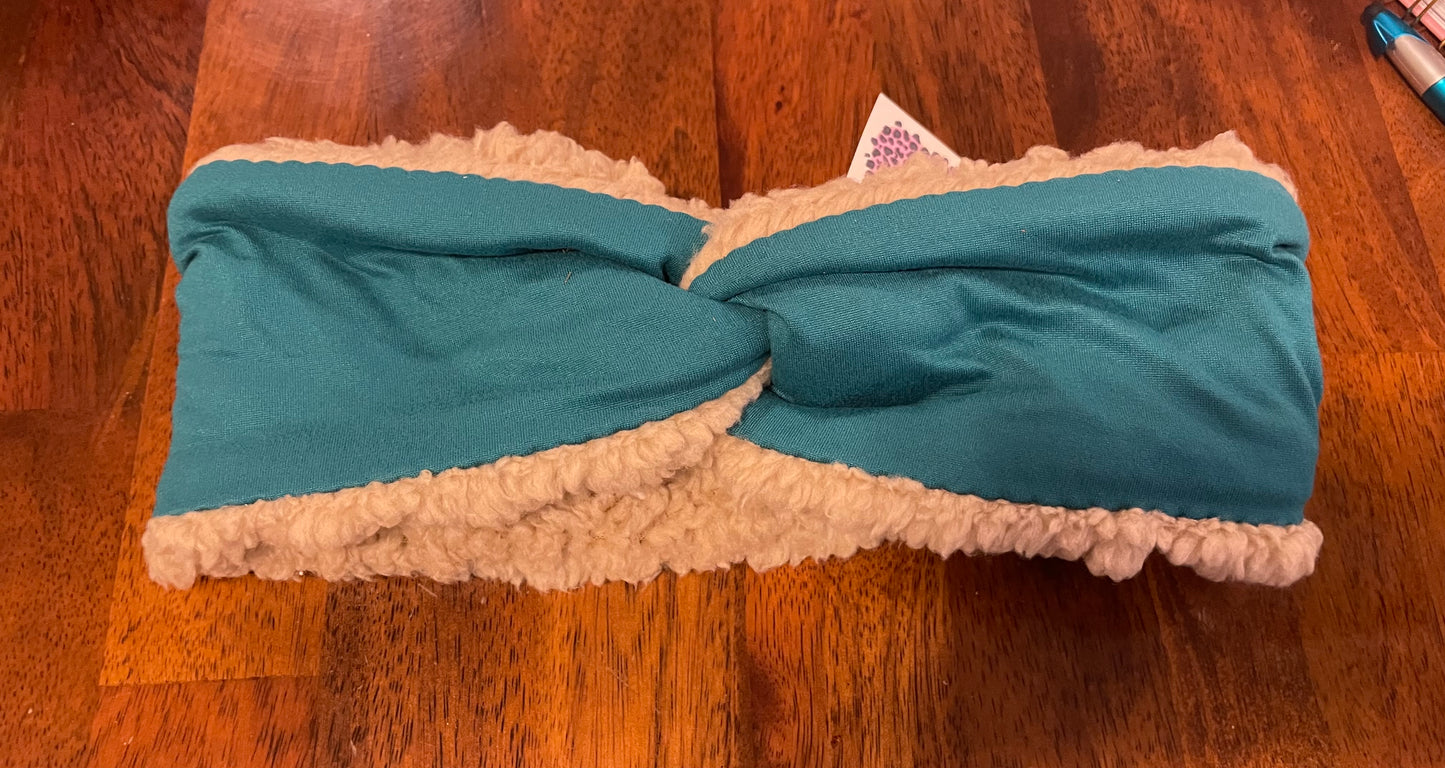 Teal and beige ear warmer adult