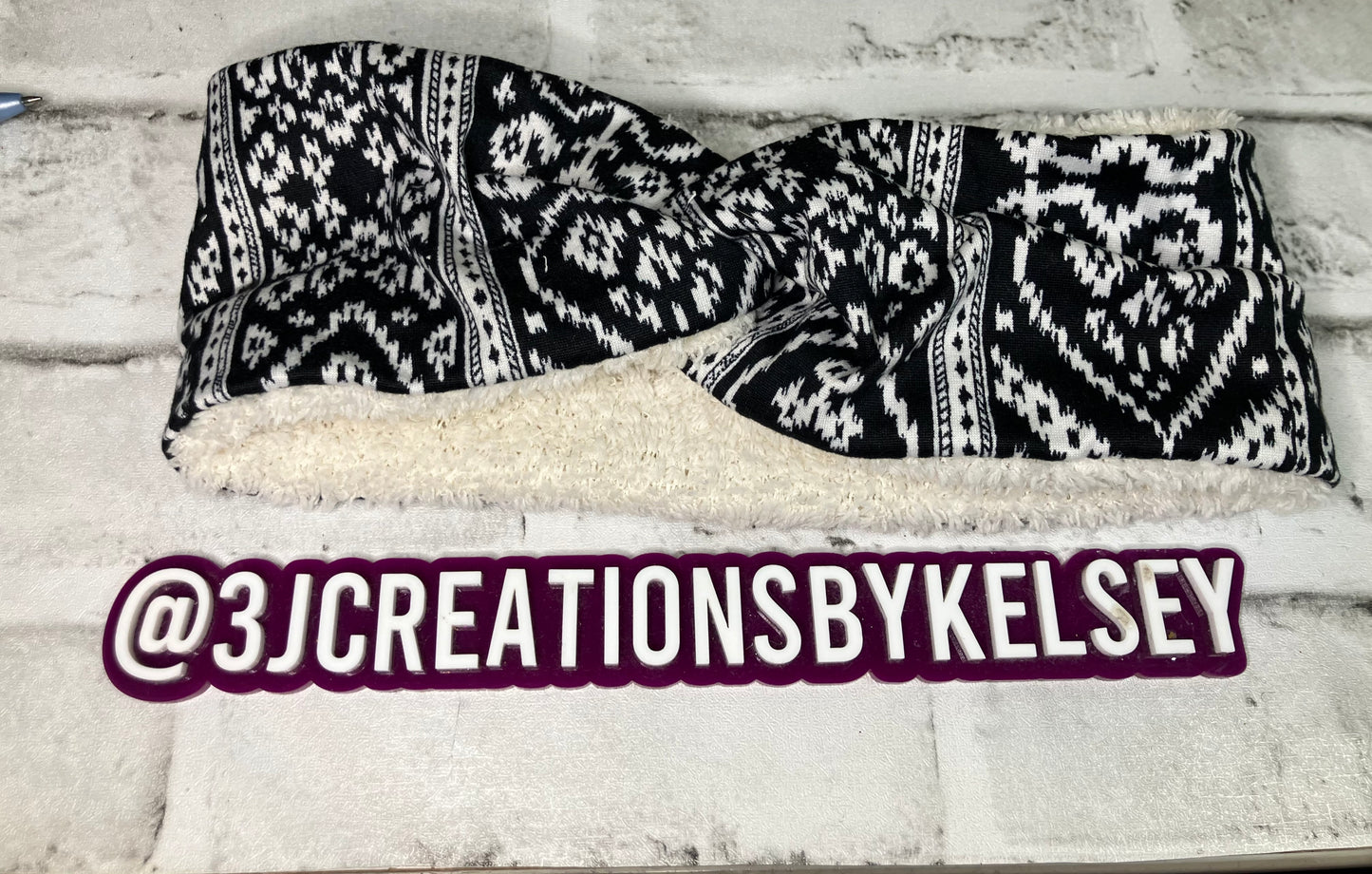 Black Aztec with white adult ear warmers