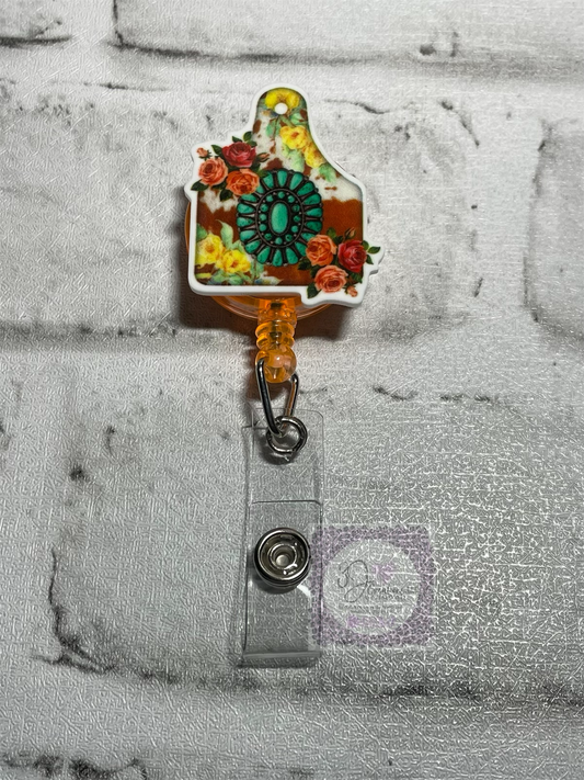 Turquoise floral cow tag badge reel⭐️