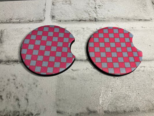 Gray pink checkered car coasters💜
