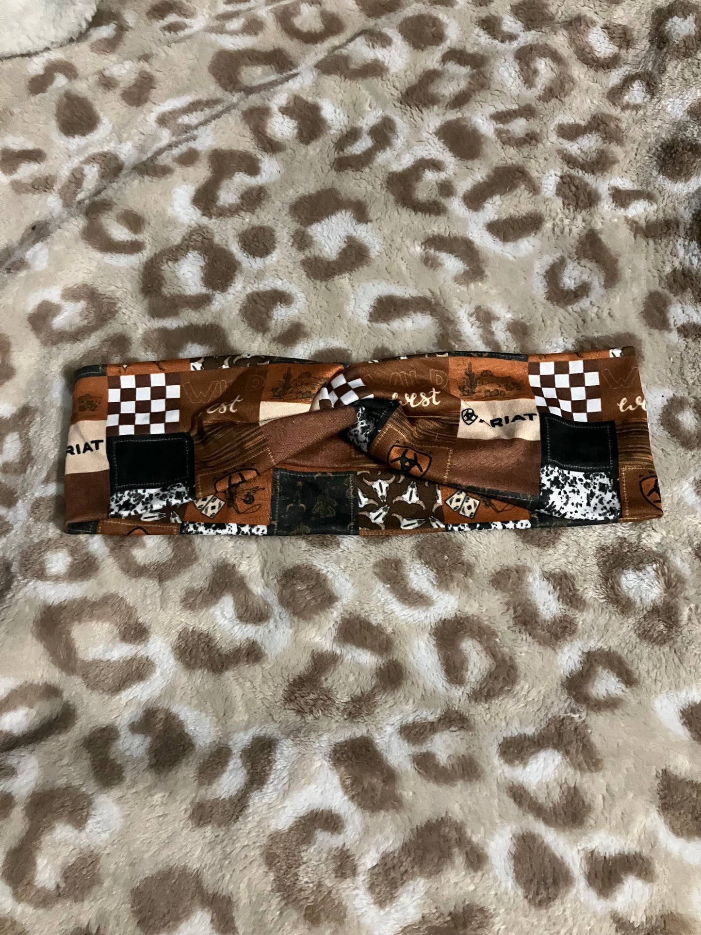 Brown patchwork blue collar child headbands