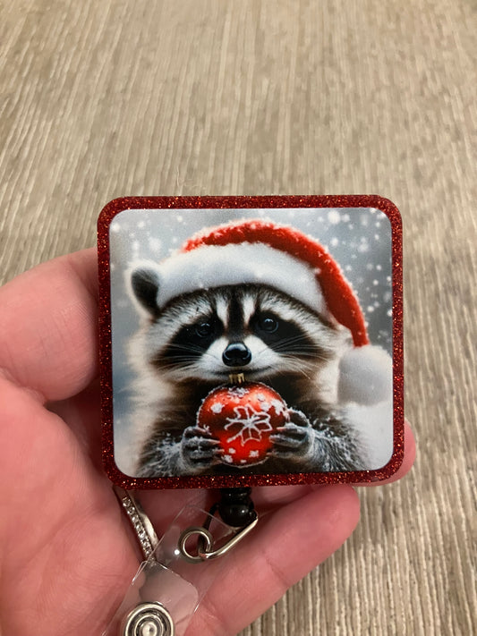 Christmas raccoon badge reel