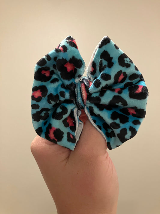Teal velvet pink leopard clip bow