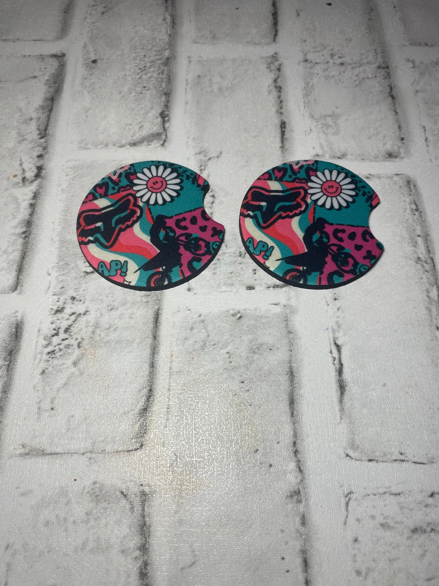 Teal pink fox car coaster