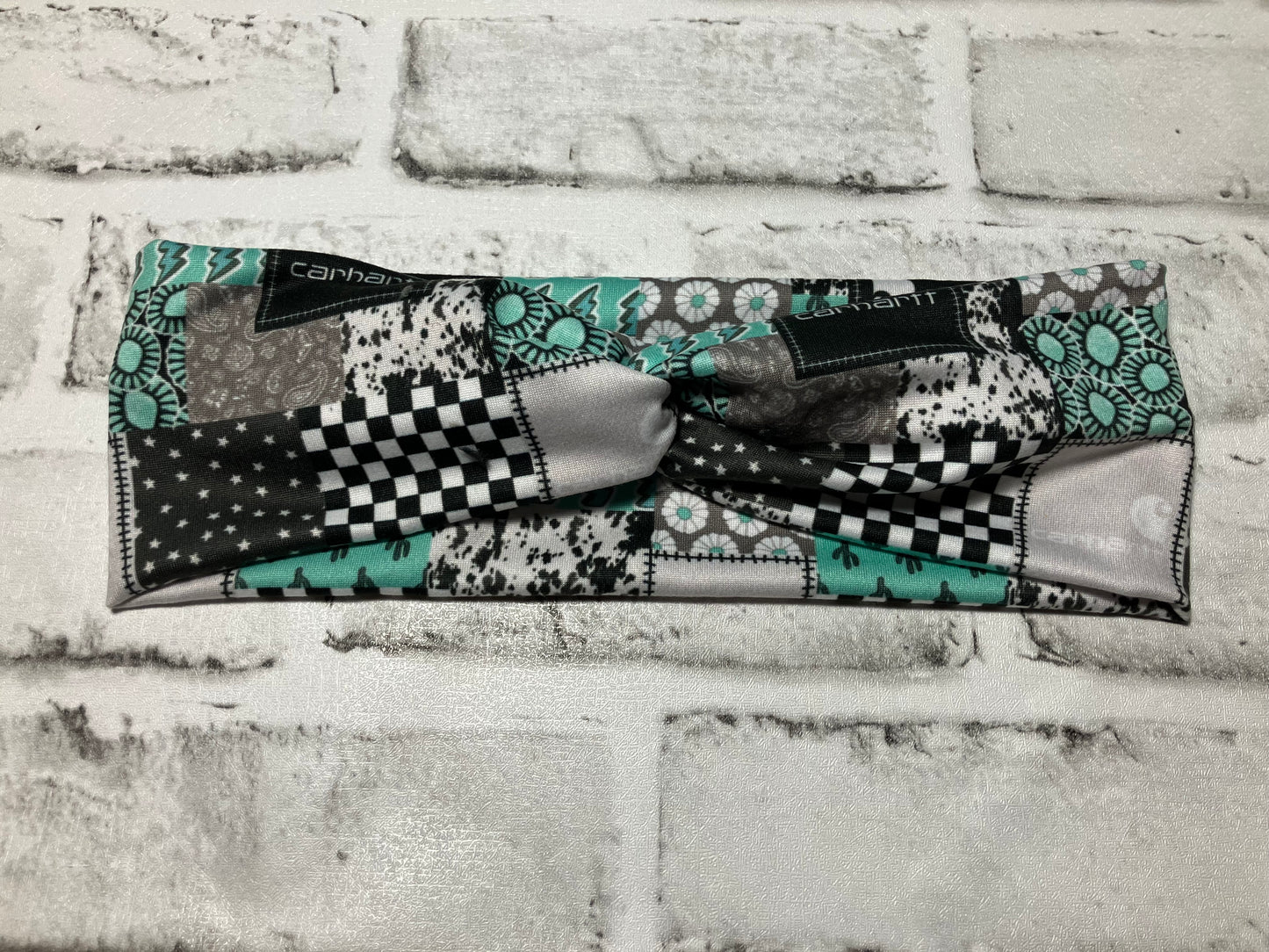 Teal patchwork workwear child headbands