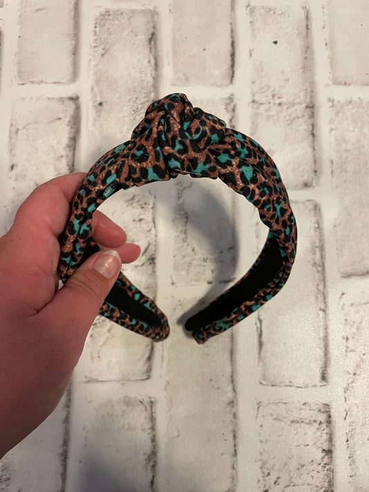 Teal gold sparkle cheetah top knot headband