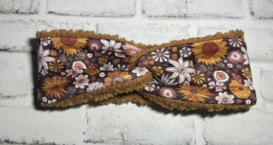 Boho brown flowers adult ear warmer