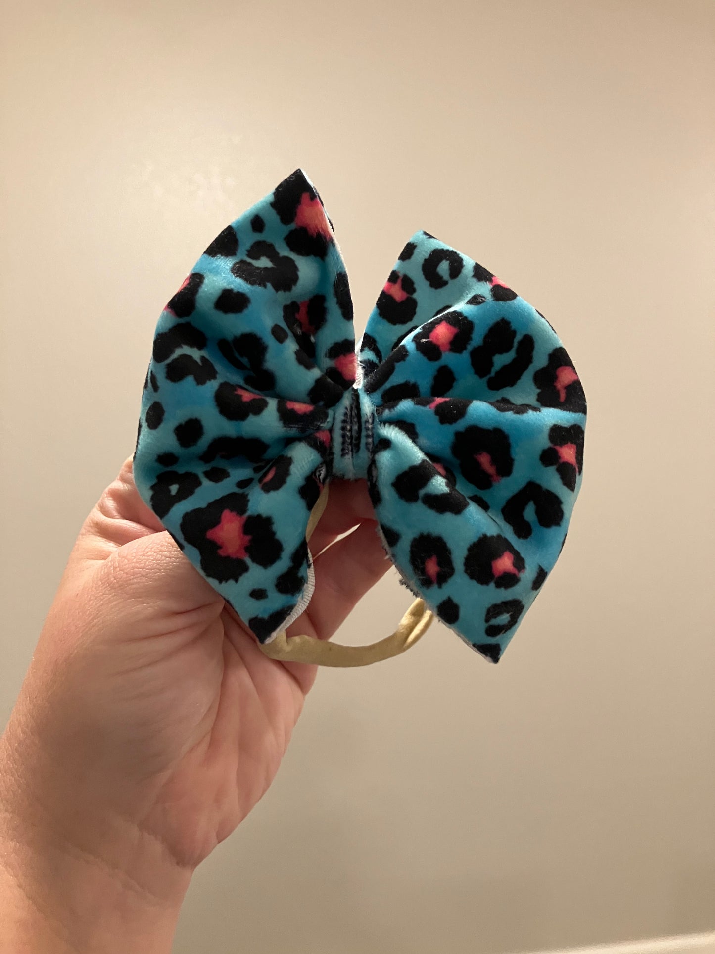 Teal velvet leopard pink nylon bows