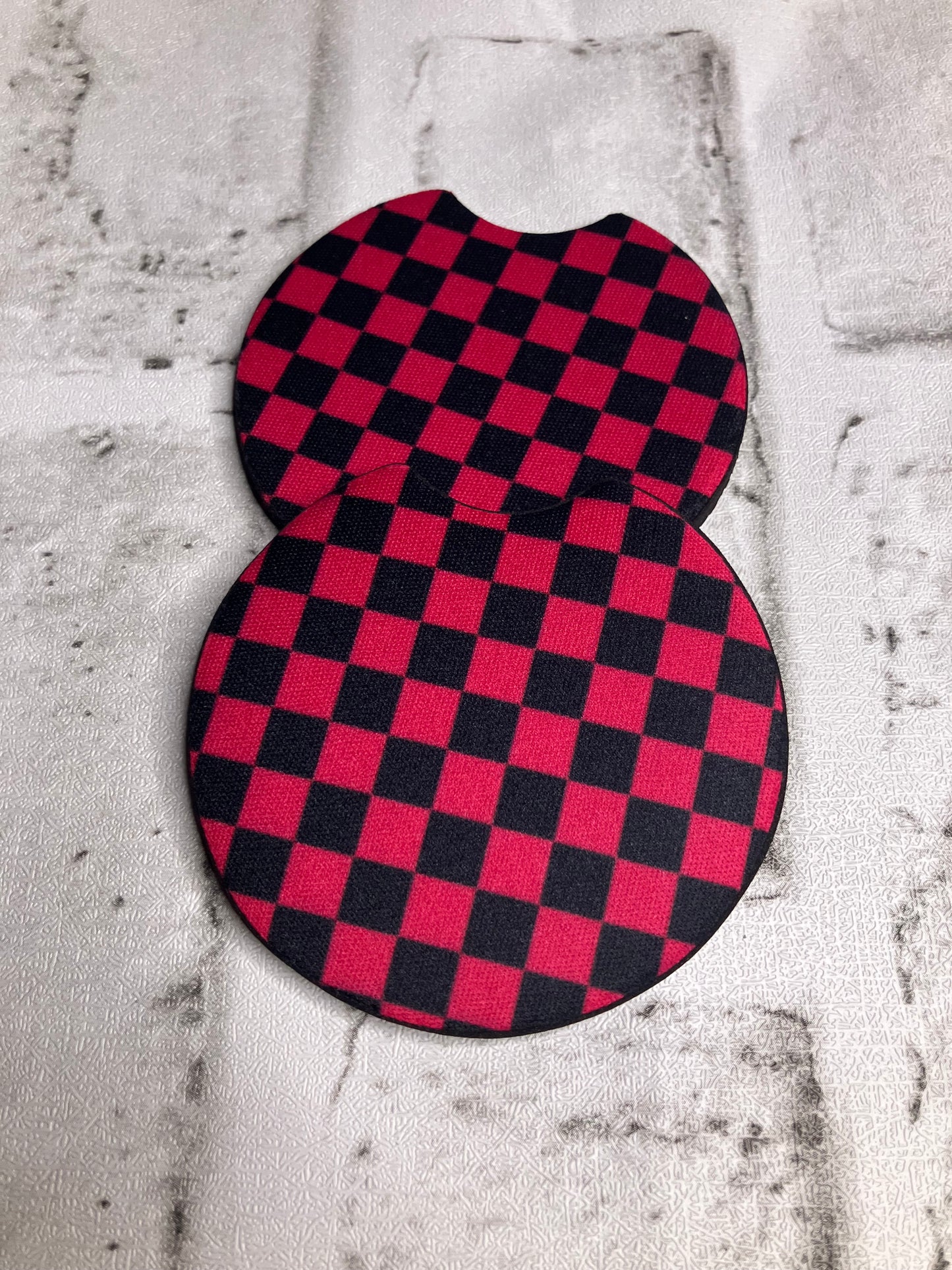 Pink black checkered car coasters