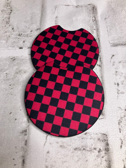 Pink black checkered car coasters