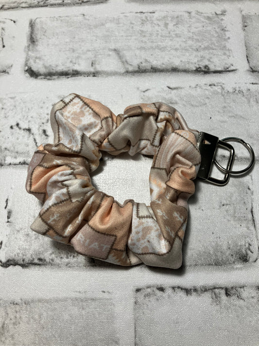 Beige patchwork blue collar scrunchie keychain