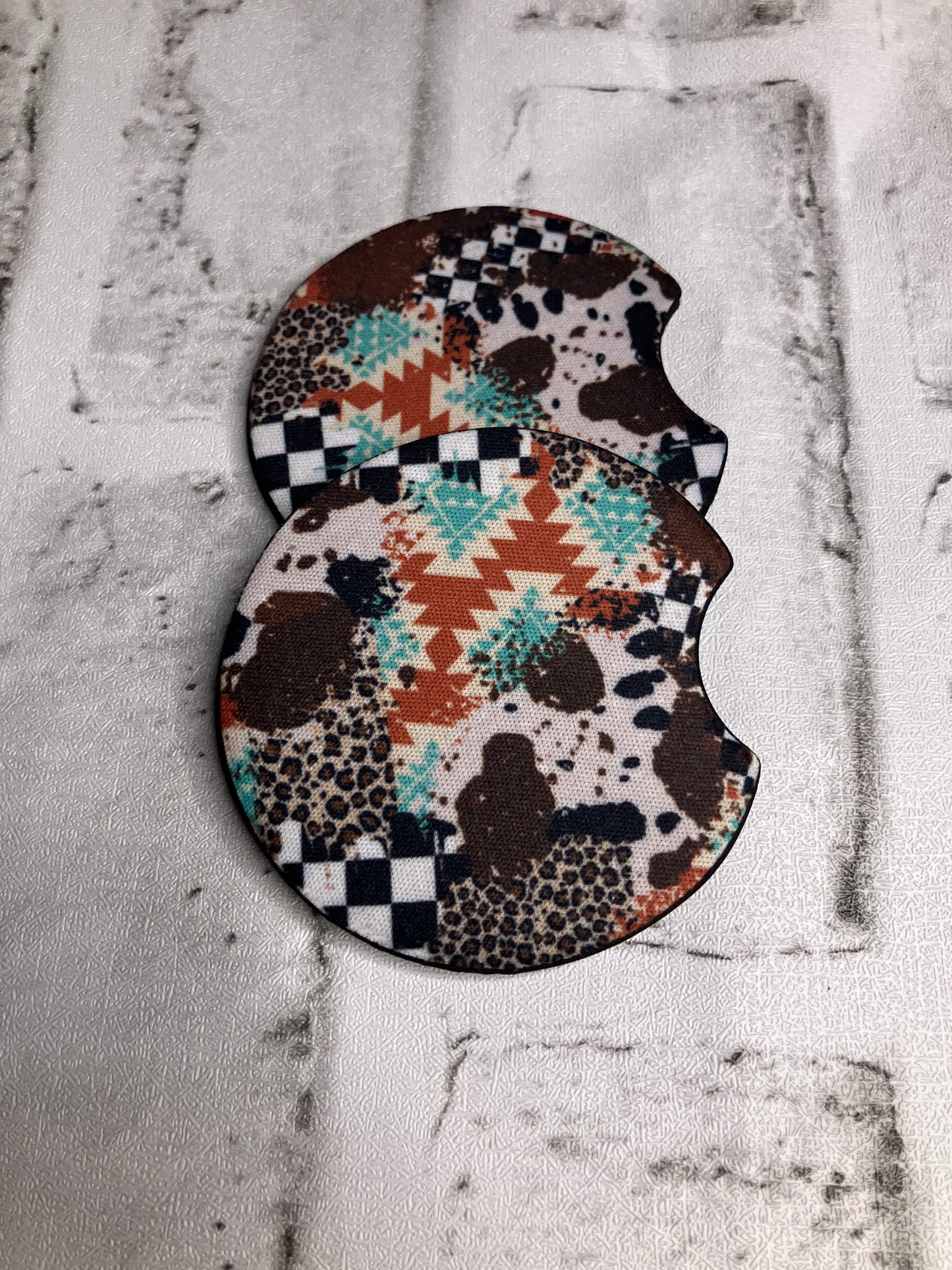 Checkered Aztec leopard cow car coasters