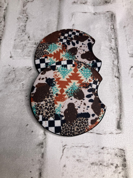 Checkered Aztec leopard cow car coasters