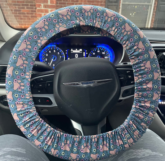 Floral paw print steering wheel cover