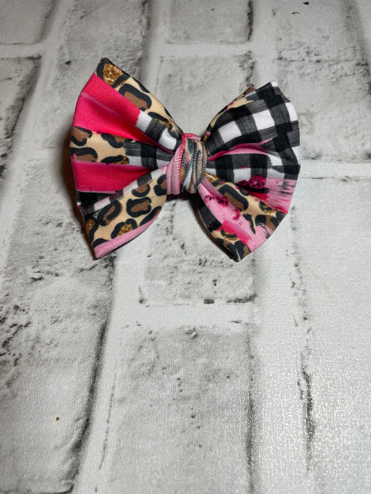 Pink plaid cheetah brushstrokes clip bow