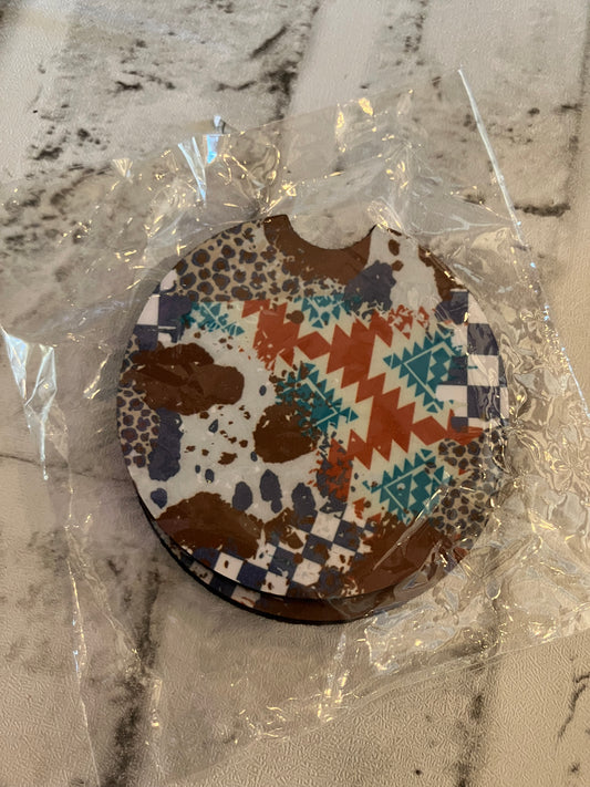 Aztec leopard cow car coasters