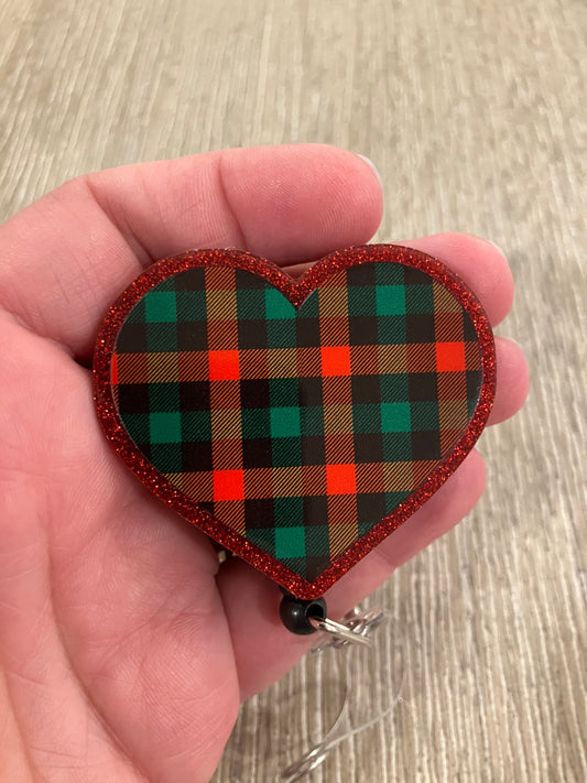 Red green plaid heart badge reels