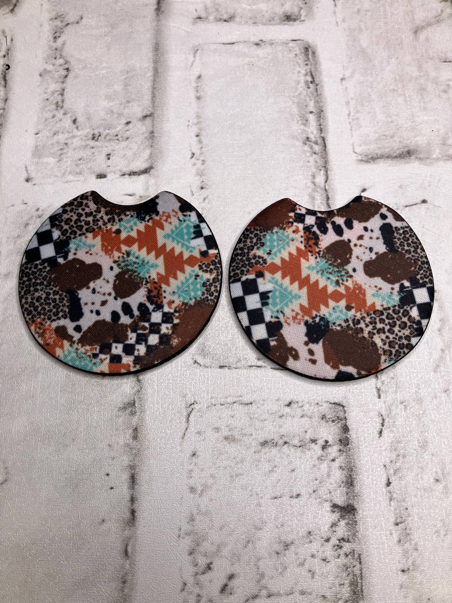 Aztec checkered cheetah cow car coasters