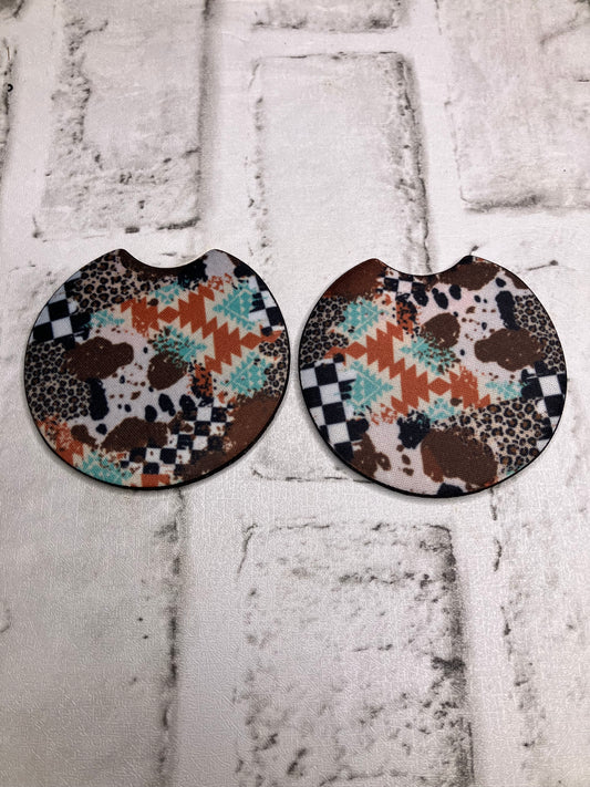 Aztec checkered cheetah cow car coasters