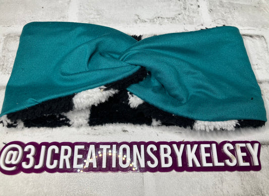 Teal with cow child ear warmers🪩