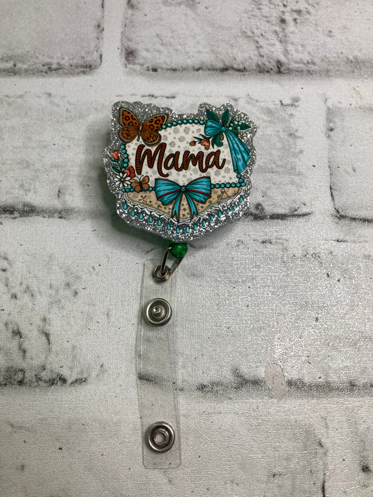 Mama teal bow badge reel
