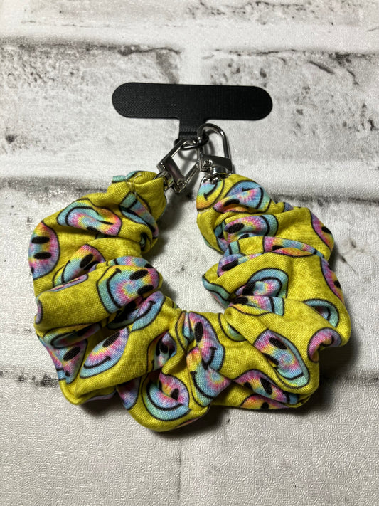 Yellow smiley scrunchie keychains phone holders