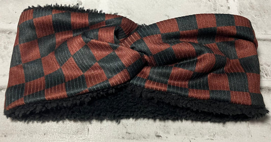 Black brown checkered adult ear warmers