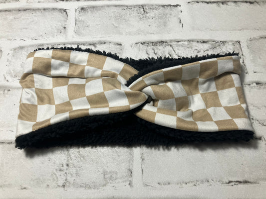 Tan checkered adult ear warmers