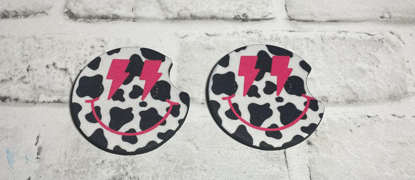 Cow pink smiley car coasters🩵