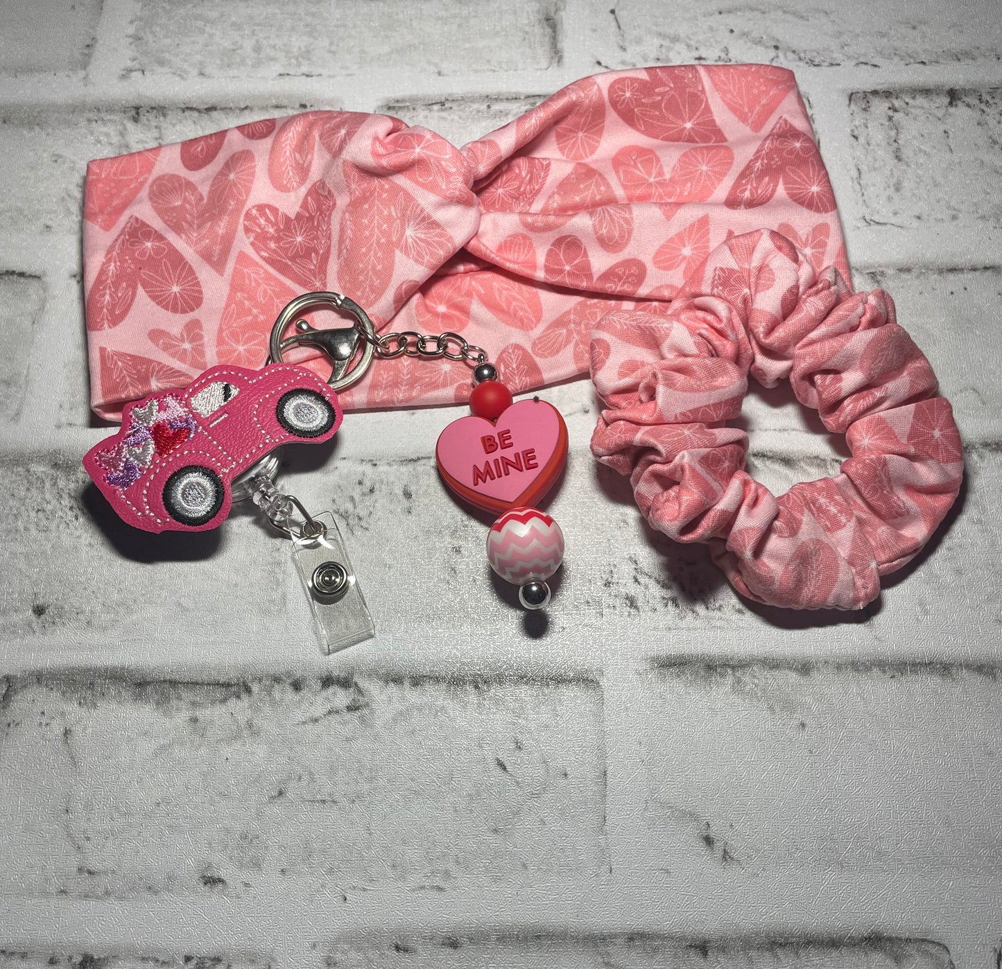 Pink hearts scrunchie keychain badge reel child bundle