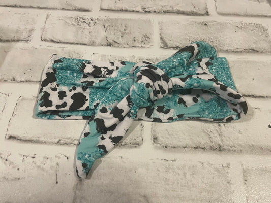 Teal cow child tie headbands
