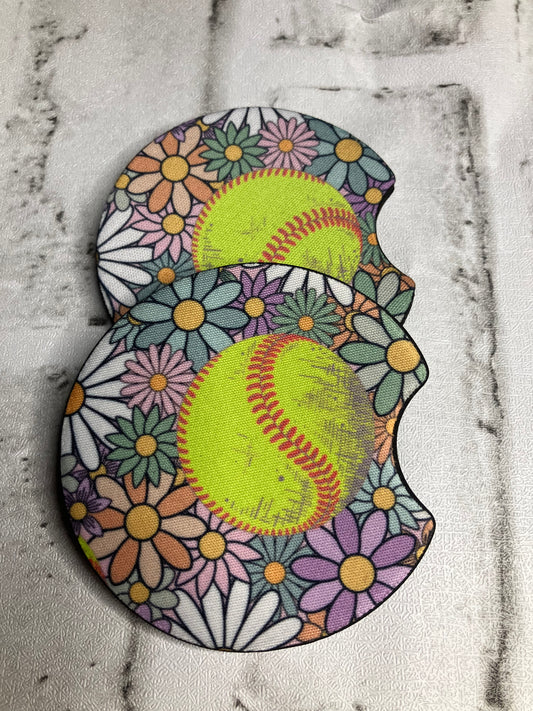 Softball floral car coasters